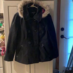 Black RUE 21 pea coat with faux fur trimmed hood
